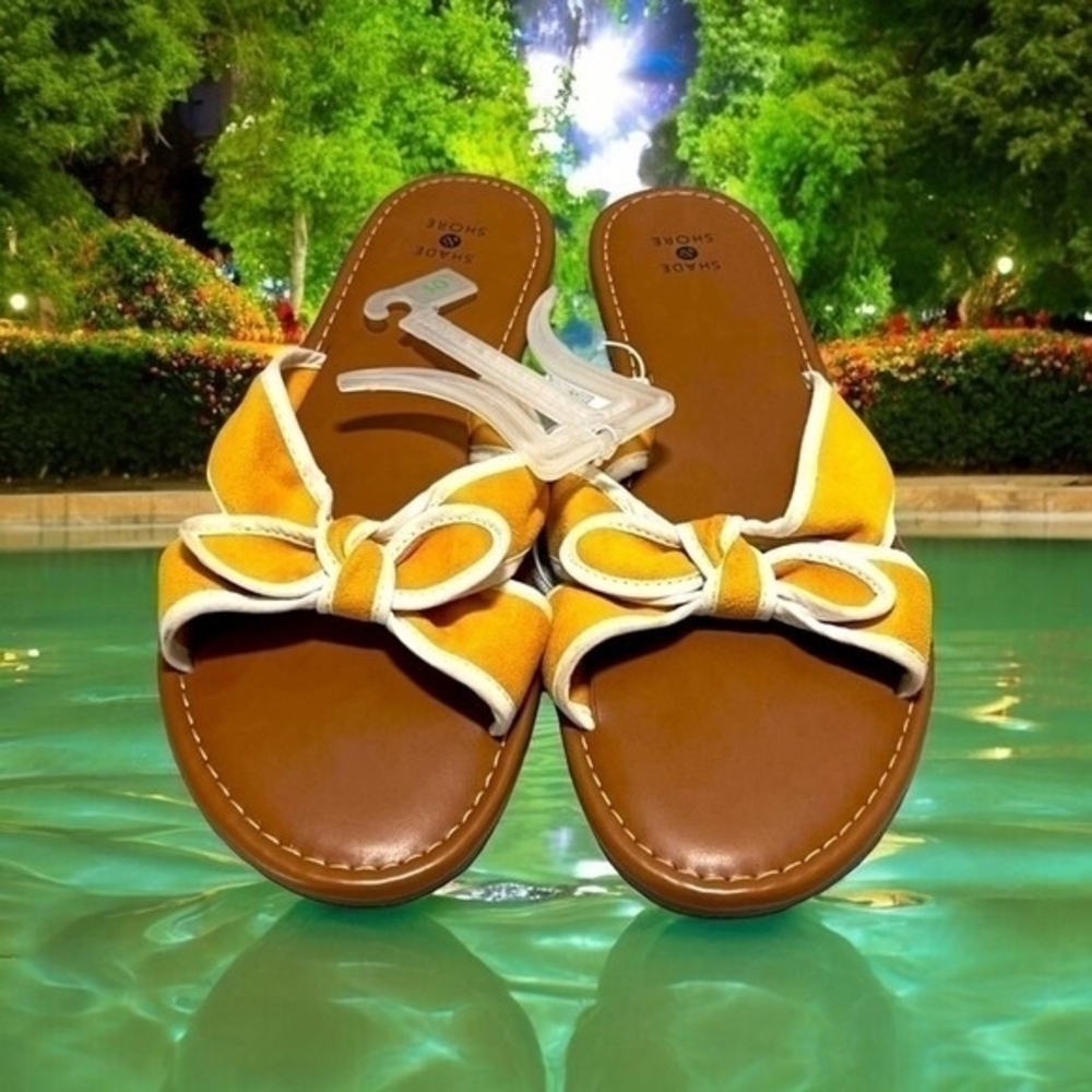 Shade & Shore Yellow White Bow Knot Slip-On Sandals Women’s Size 10 - Picture 4 of 9
